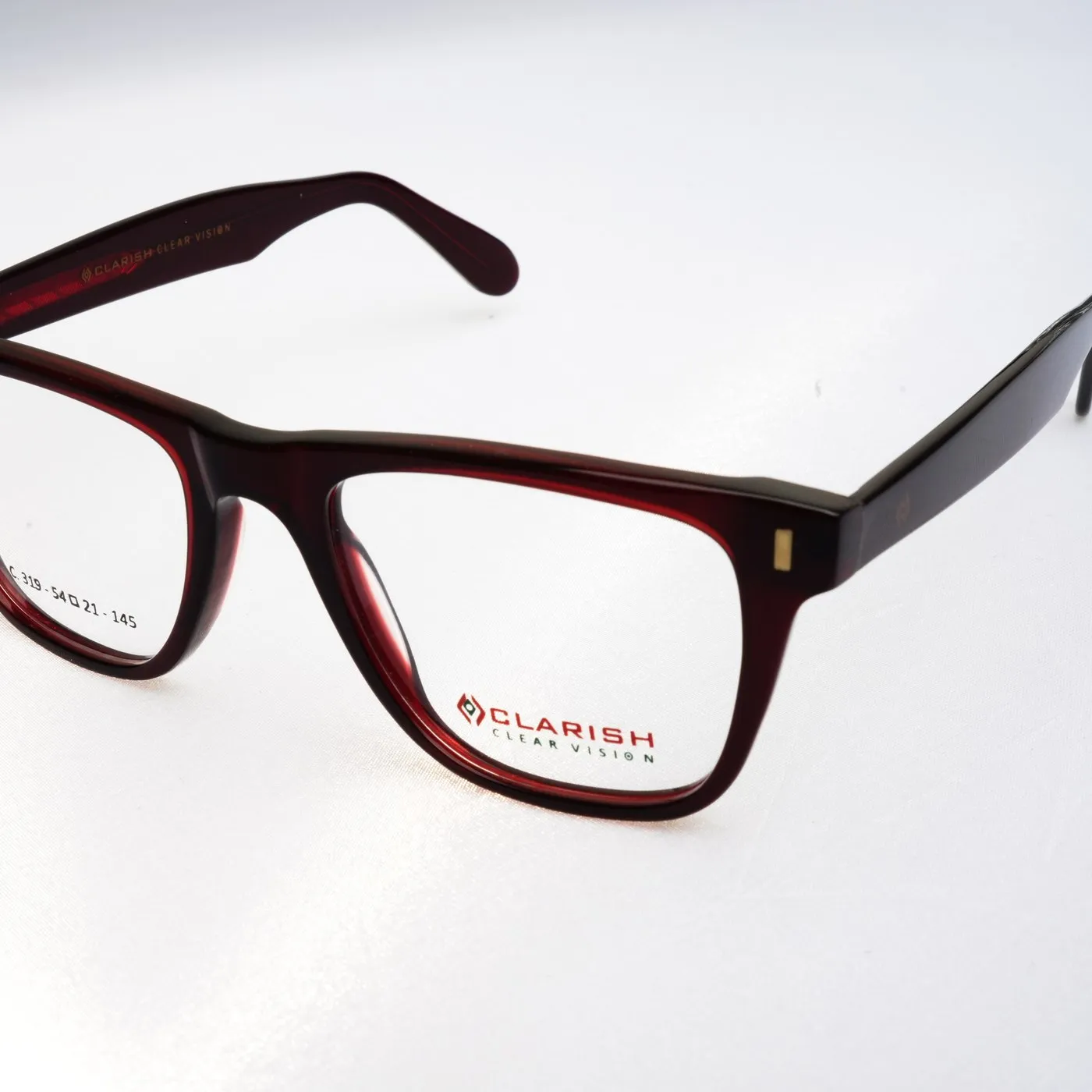 A Clarish™ square acetate frame showing the printed brand mark on the temple