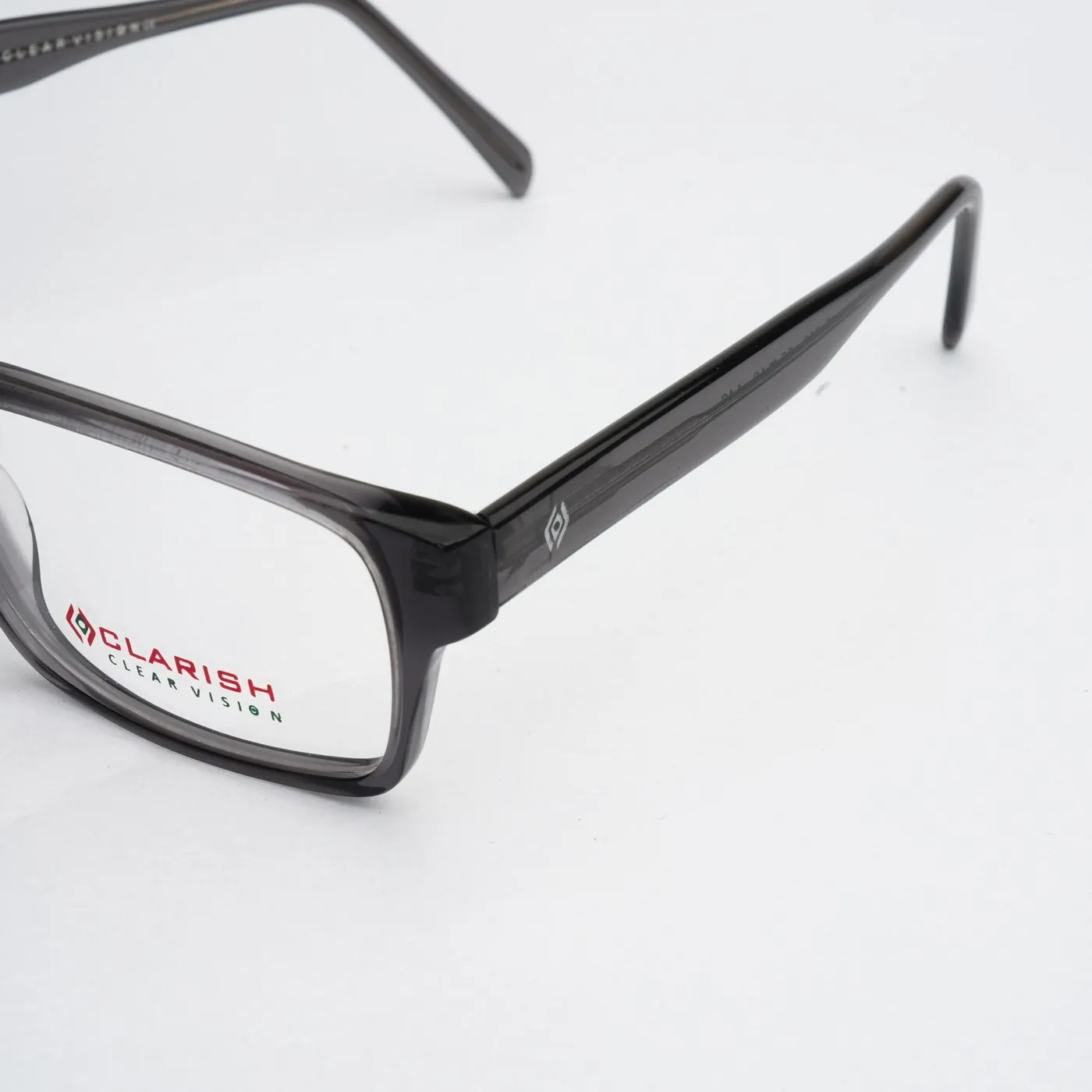 Macro detail of a transparent Clarish™ acetate frame, showing the interior profile through the material